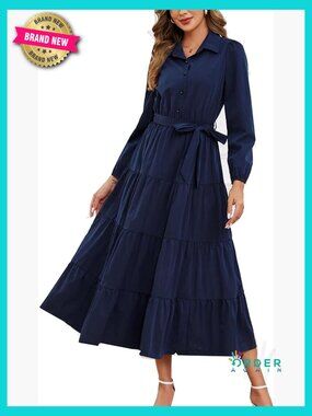 Long Sleeve Button Down Shirt Dress V Neck Belted A-Line Tiered Flowy Maxi